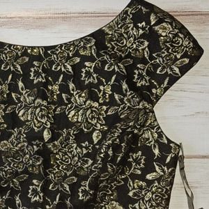 Vera Wang Black and Gold Floral Cap-Sleeve Mini Dress